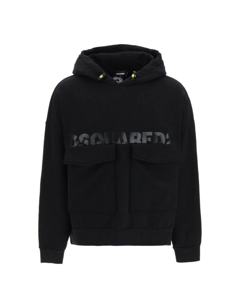 Printed Logo Large Pockets Black Hoodie