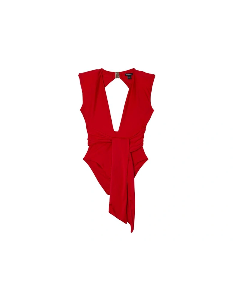 Wet Look Power Shoulder Plunge Detail Swimsuit