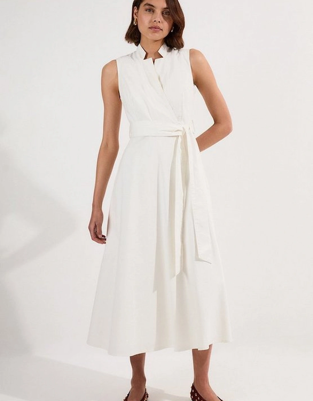 Denim Tailored Notch Neck Belted Fluid Midi Dress, 5 of 4