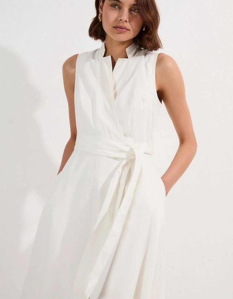 Denim Tailored Notch Neck Belted Fluid Midi Dress