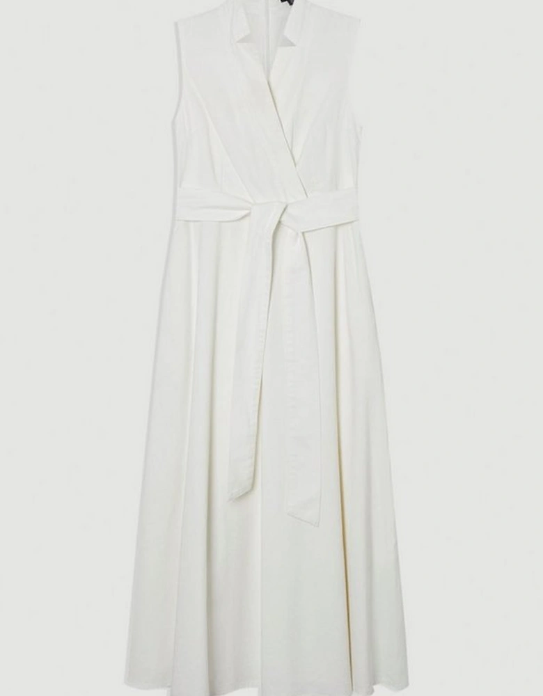 Denim Tailored Notch Neck Belted Fluid Midi Dress