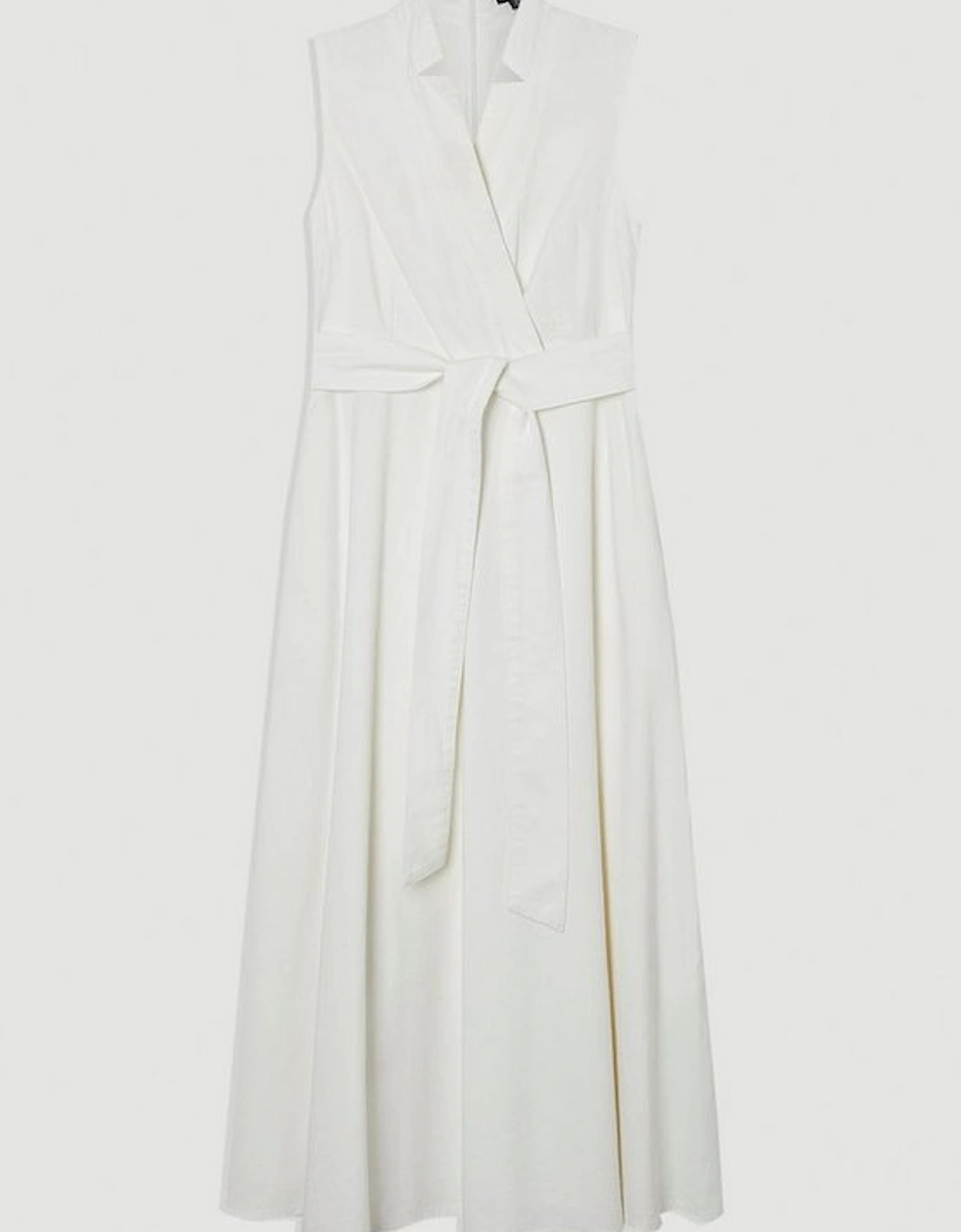 Denim Tailored Notch Neck Belted Fluid Midi Dress