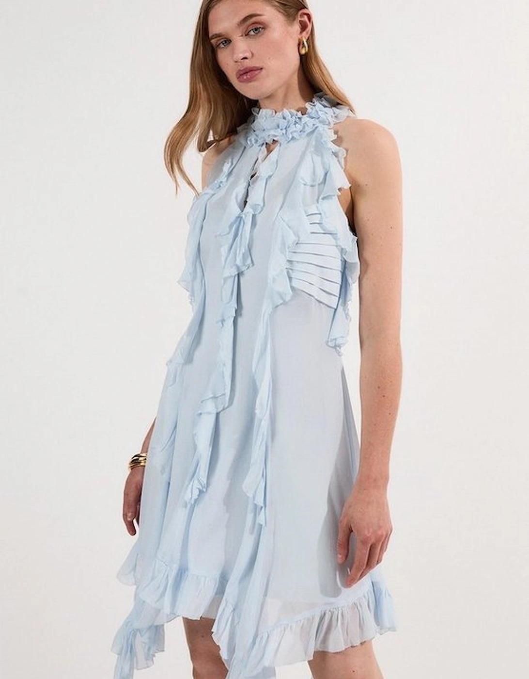 Viscose Georgette Ruffle Halter Neck Woven Top Mini Dress