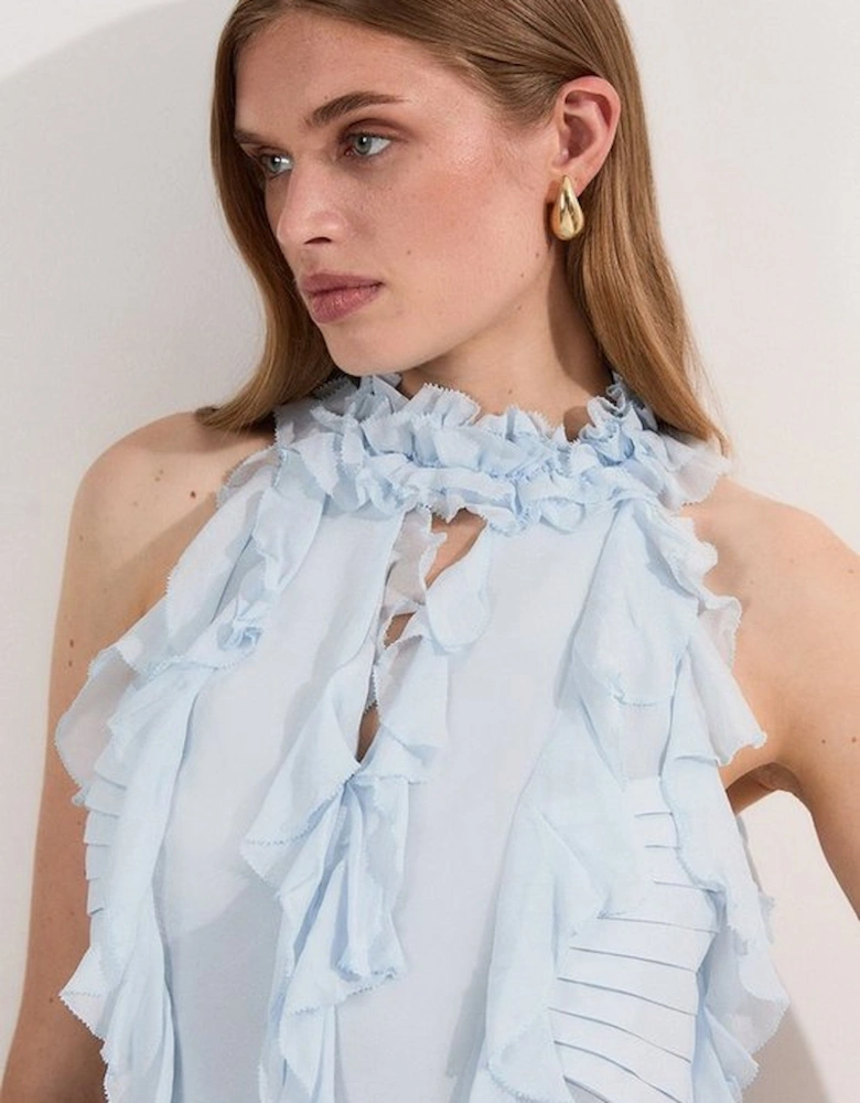 Viscose Georgette Ruffle Halter Neck Woven Top Mini Dress