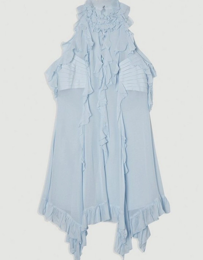 Viscose Georgette Ruffle Halter Neck Woven Top Mini Dress