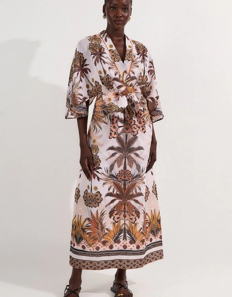Abstract Print Cotton Kimono Sleeve Woven Maxi Dress