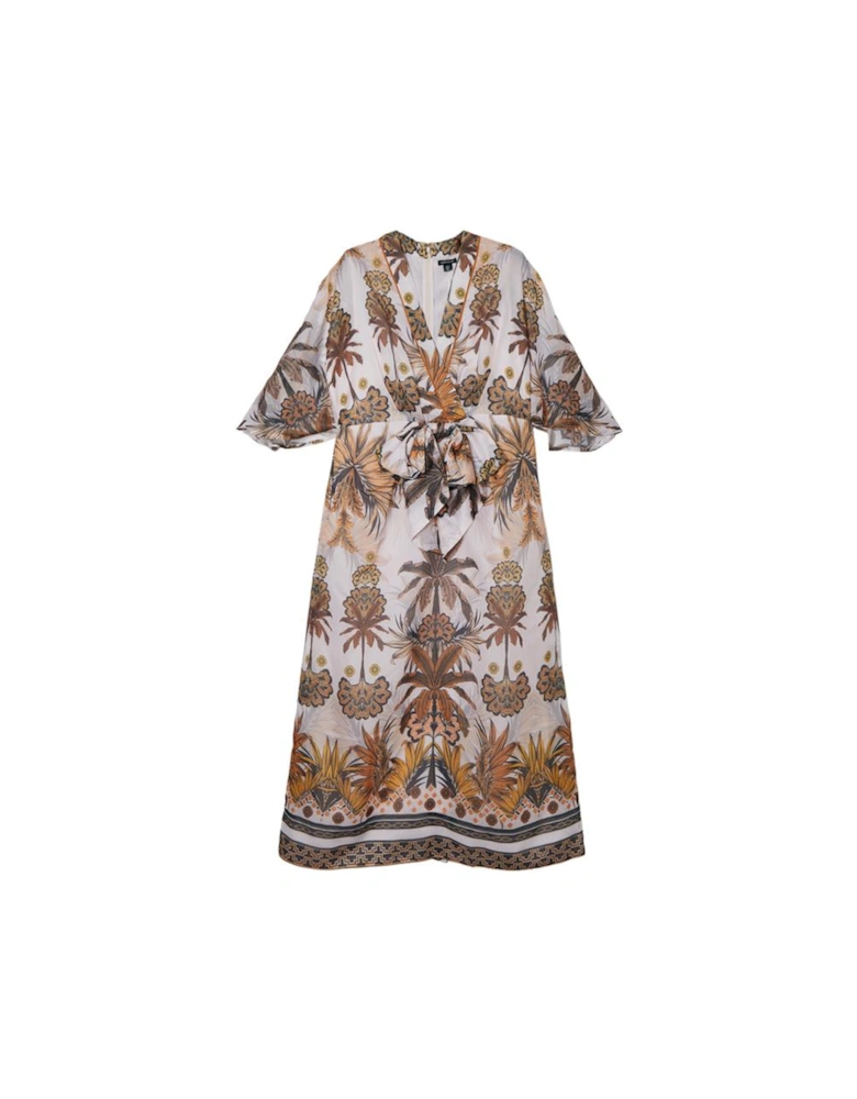 Abstract Print Cotton Kimono Sleeve Woven Maxi Dress