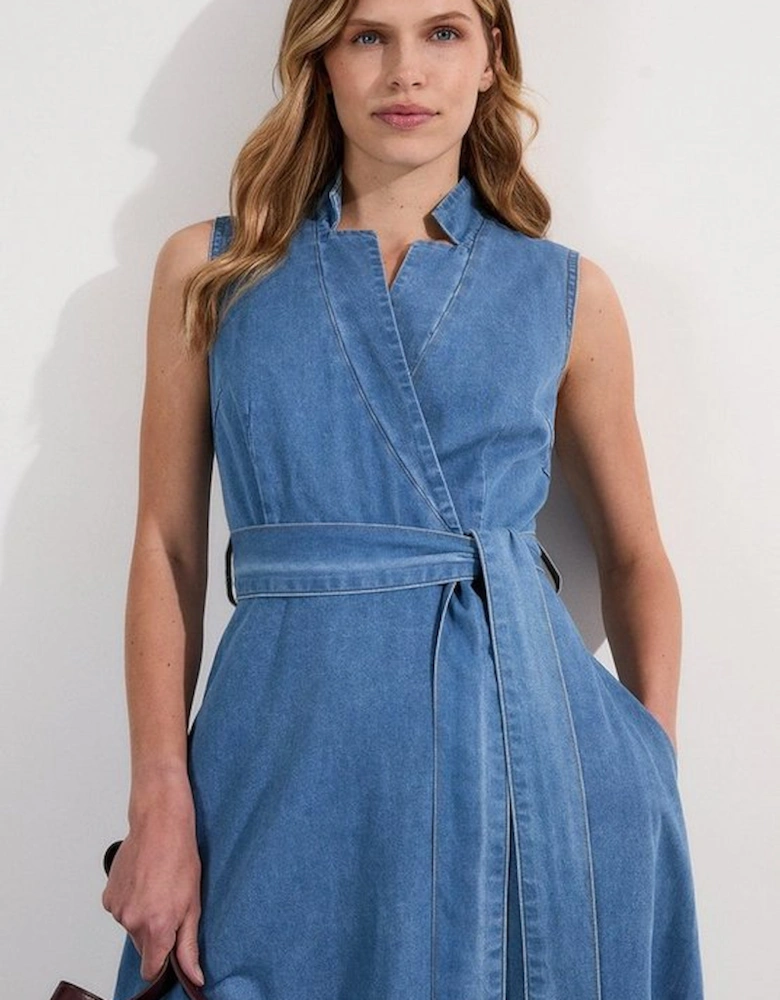 Denim Tailored Notch Neck Belted Fluid Midi Dress