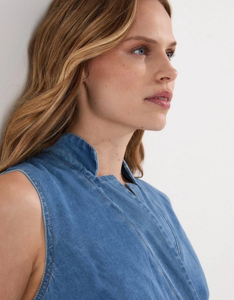 Denim Tailored Notch Neck Belted Fluid Midi Dress