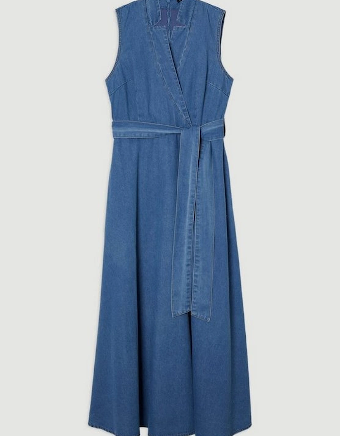 Denim Tailored Notch Neck Belted Fluid Midi Dress