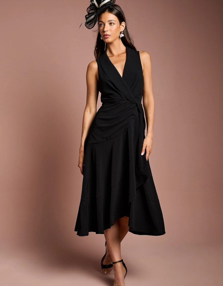 Shawl Collar Ruffle Hem Midi Dress