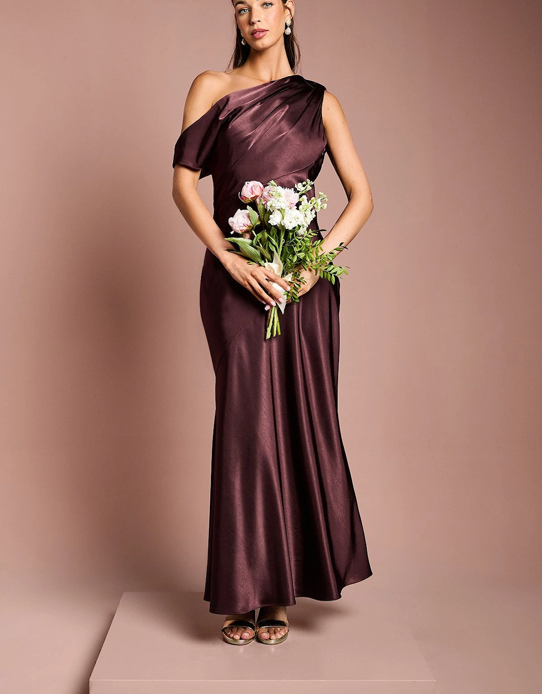 Satin Off One Shoulder Slinky Bridesmaids Fishtail Maxi Dress, 2 of 1