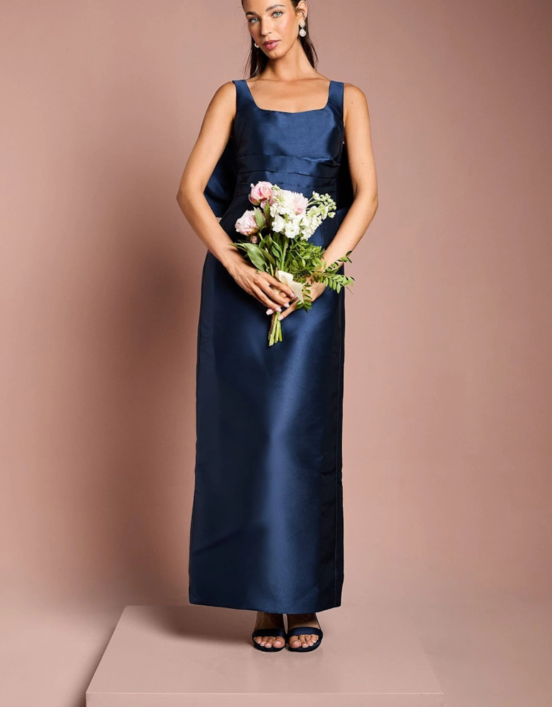 Twill Sleeveless Column Bridesmaid Dress with Statement Bow Back