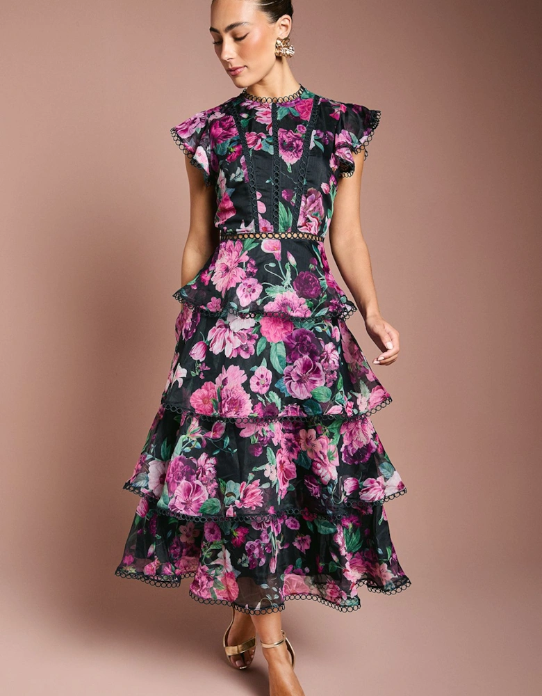 Lace Trim Tiered Organza Midi Dress