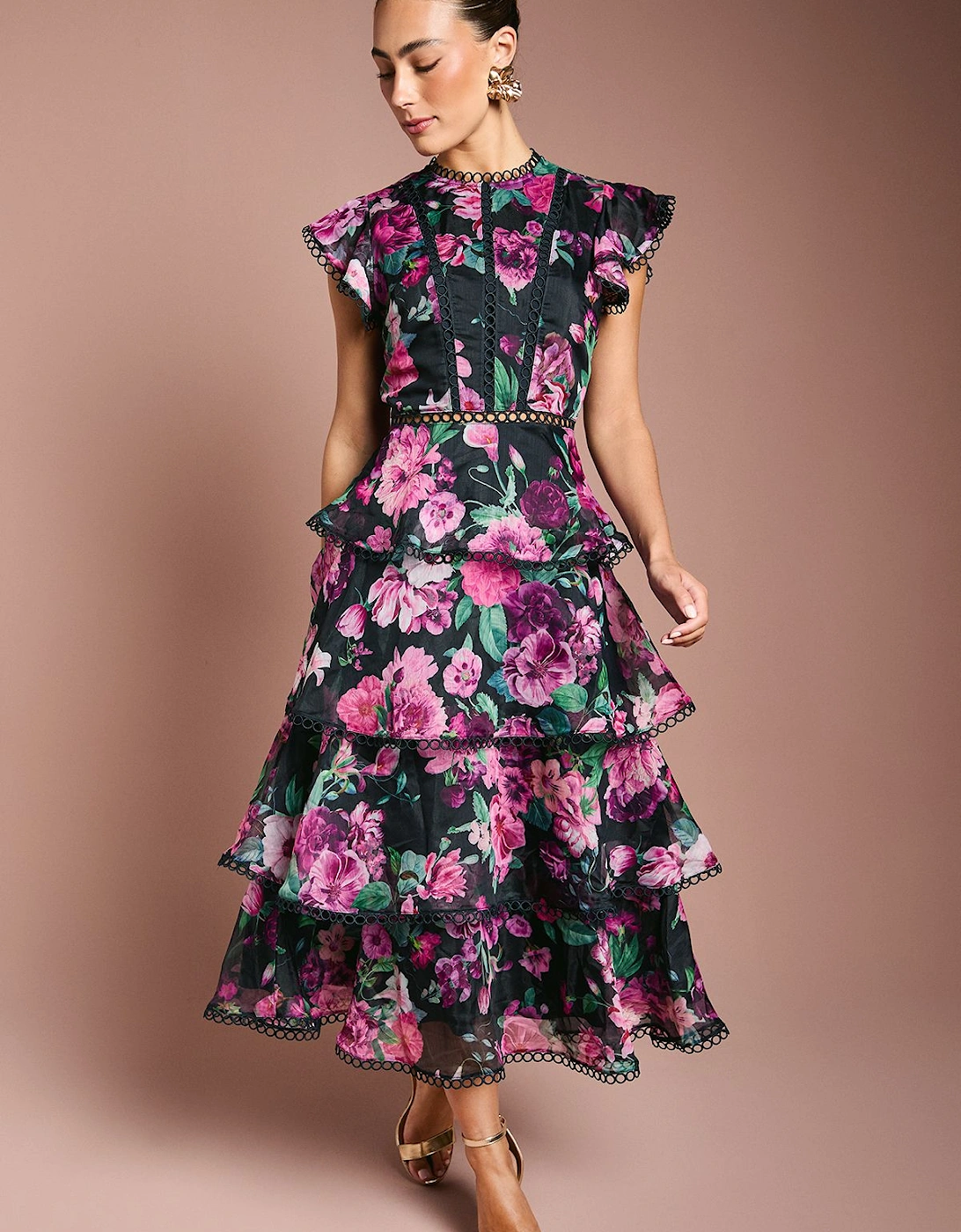 Lace Trim Tiered Organza Midi Dress, 2 of 1