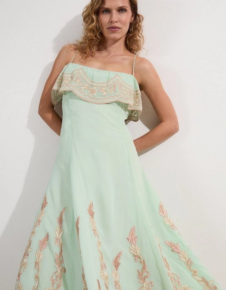 Petite Embroidered Applique Strappy Midi Dress