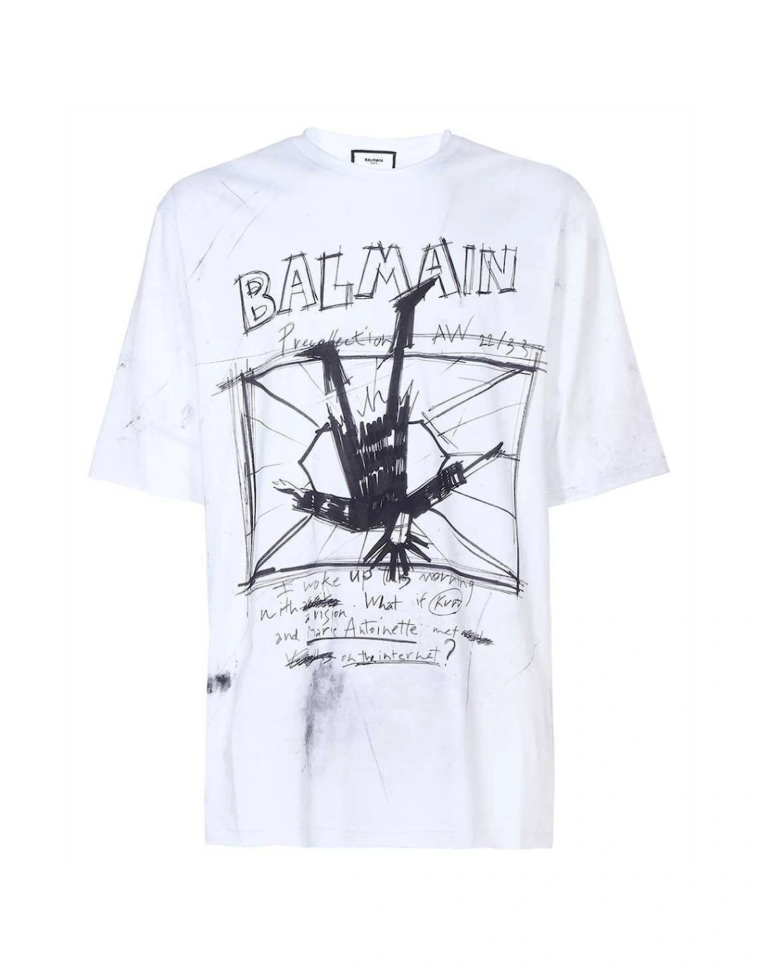 Balmain Men's White Sketch Drawing Logo T-Shirt  44 Xxl