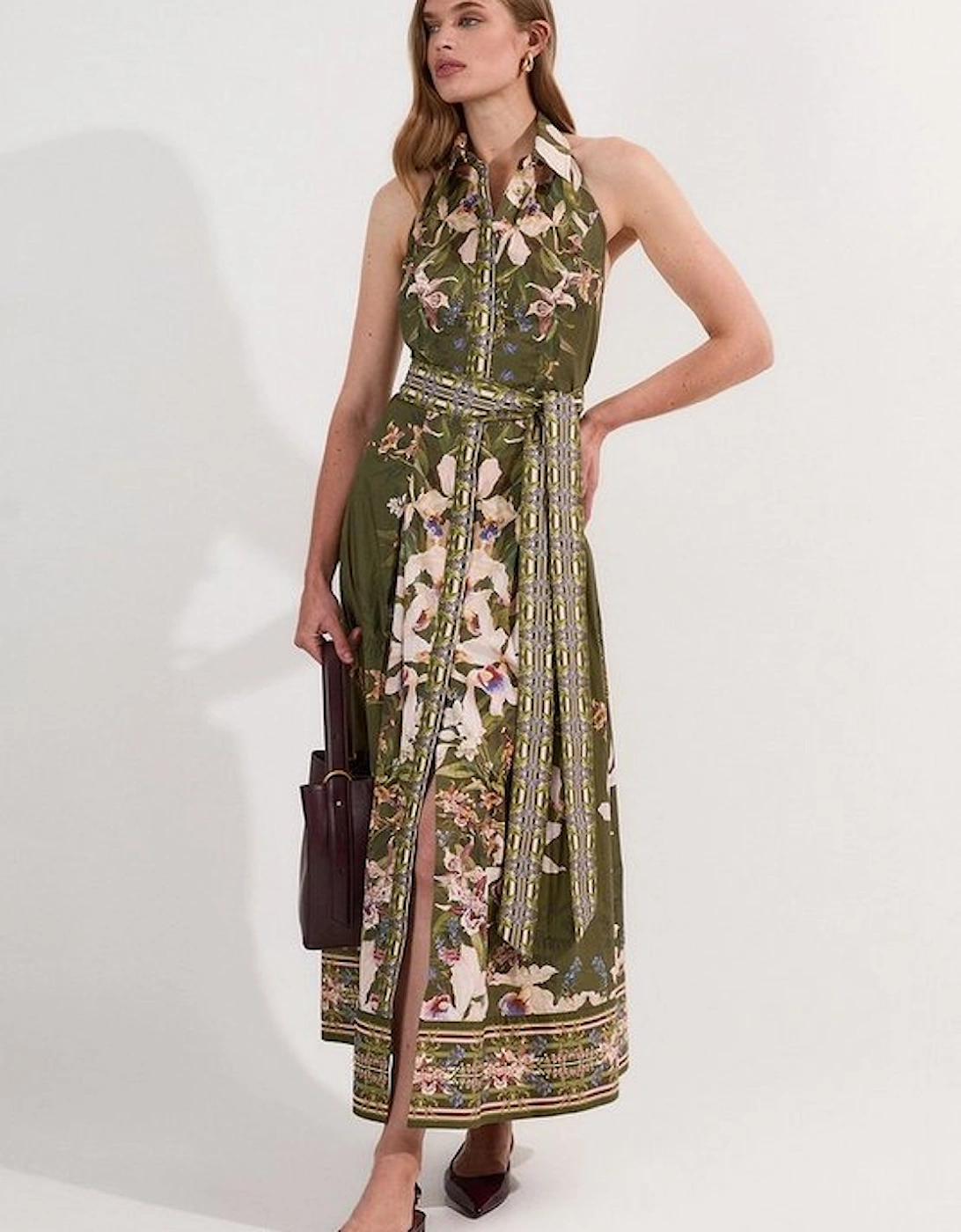 Tall Cotton Sateen Floral Woven Halter Neck Waist Maxi Dress