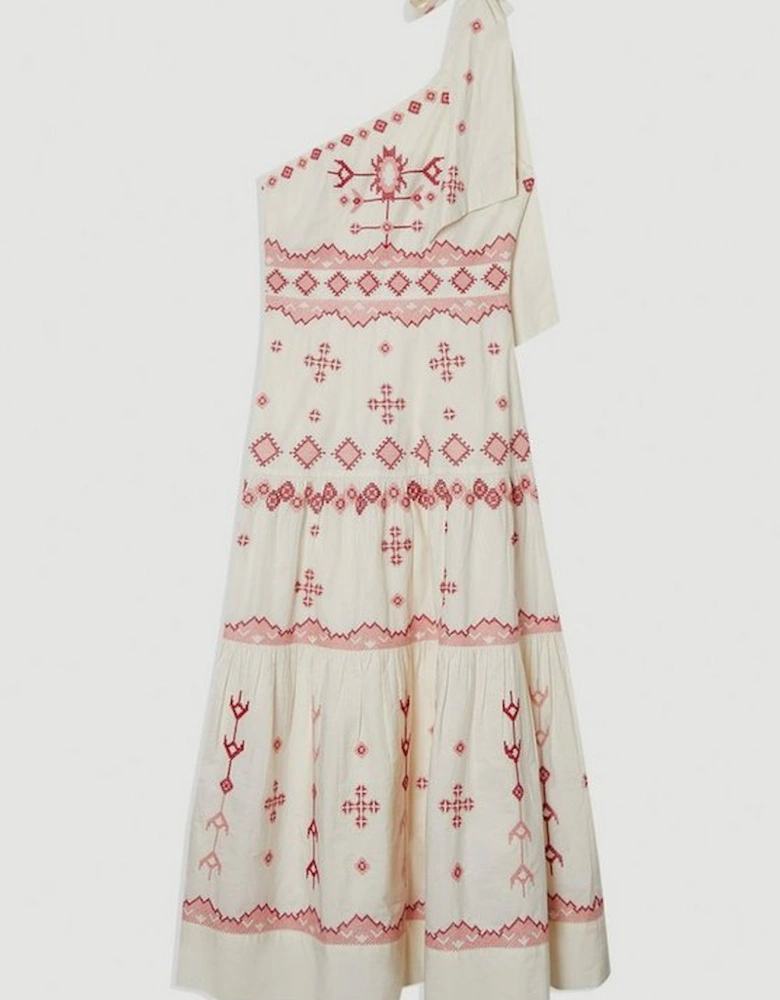 Cotton Embroidered Woven One Shoulder Maxi Dress