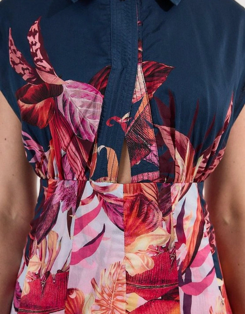 Tropical Floral Silk Cotton Woven High Neck Woven Maxi Dress