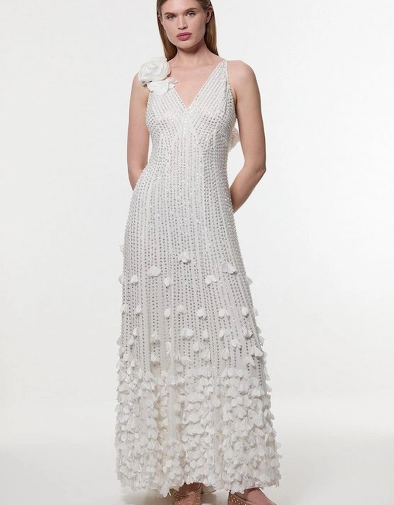 Crystal Applique Strappy Rosette Woven Maxi Dress