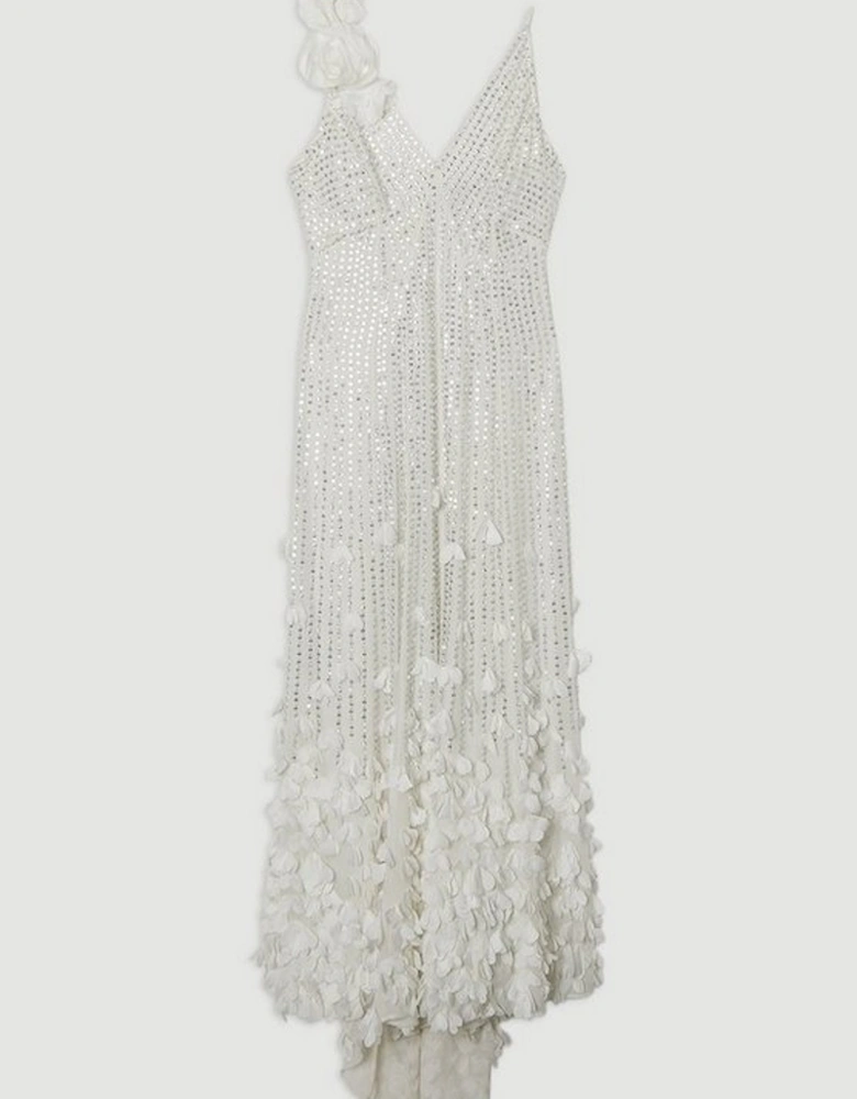 Crystal Applique Strappy Rosette Woven Maxi Dress