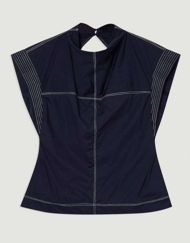 Top Stitch Cotton Poplin Open Back Woven Top
