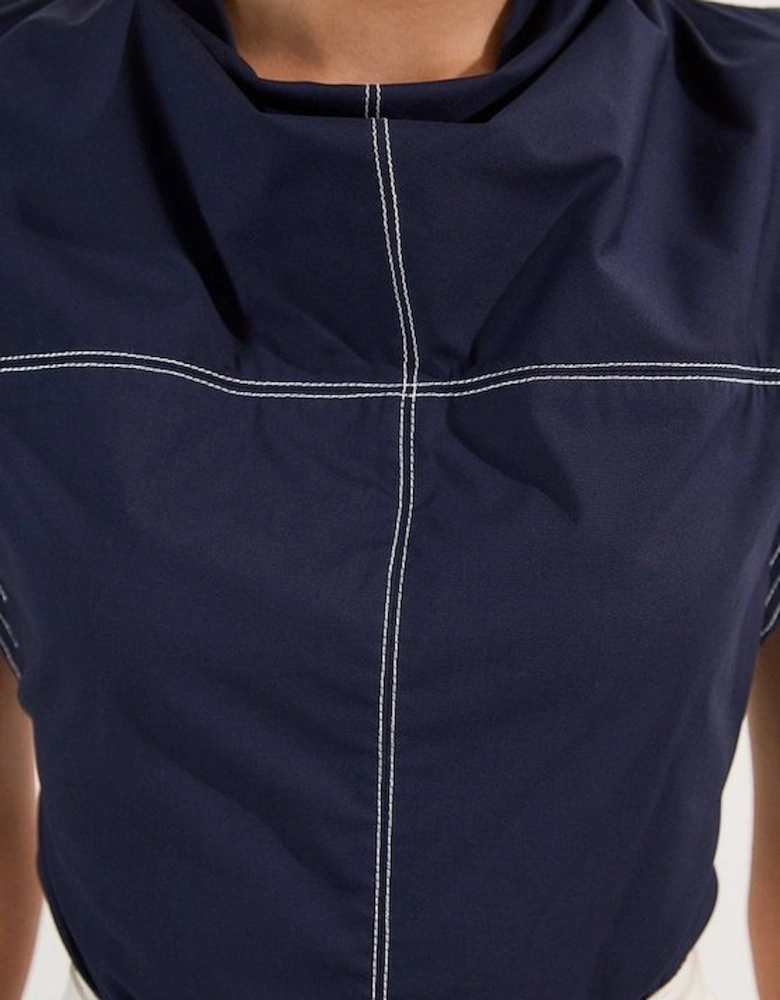 Top Stitch Cotton Poplin Open Back Woven Top