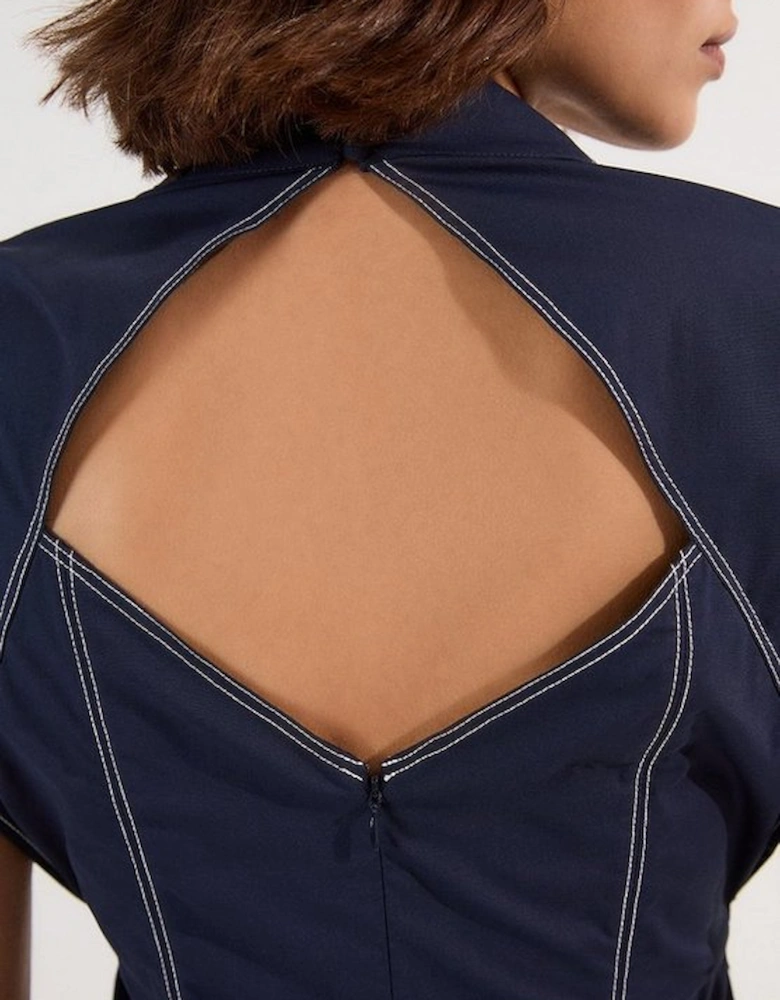 Top Stitch Cotton Poplin Open Back Woven Top