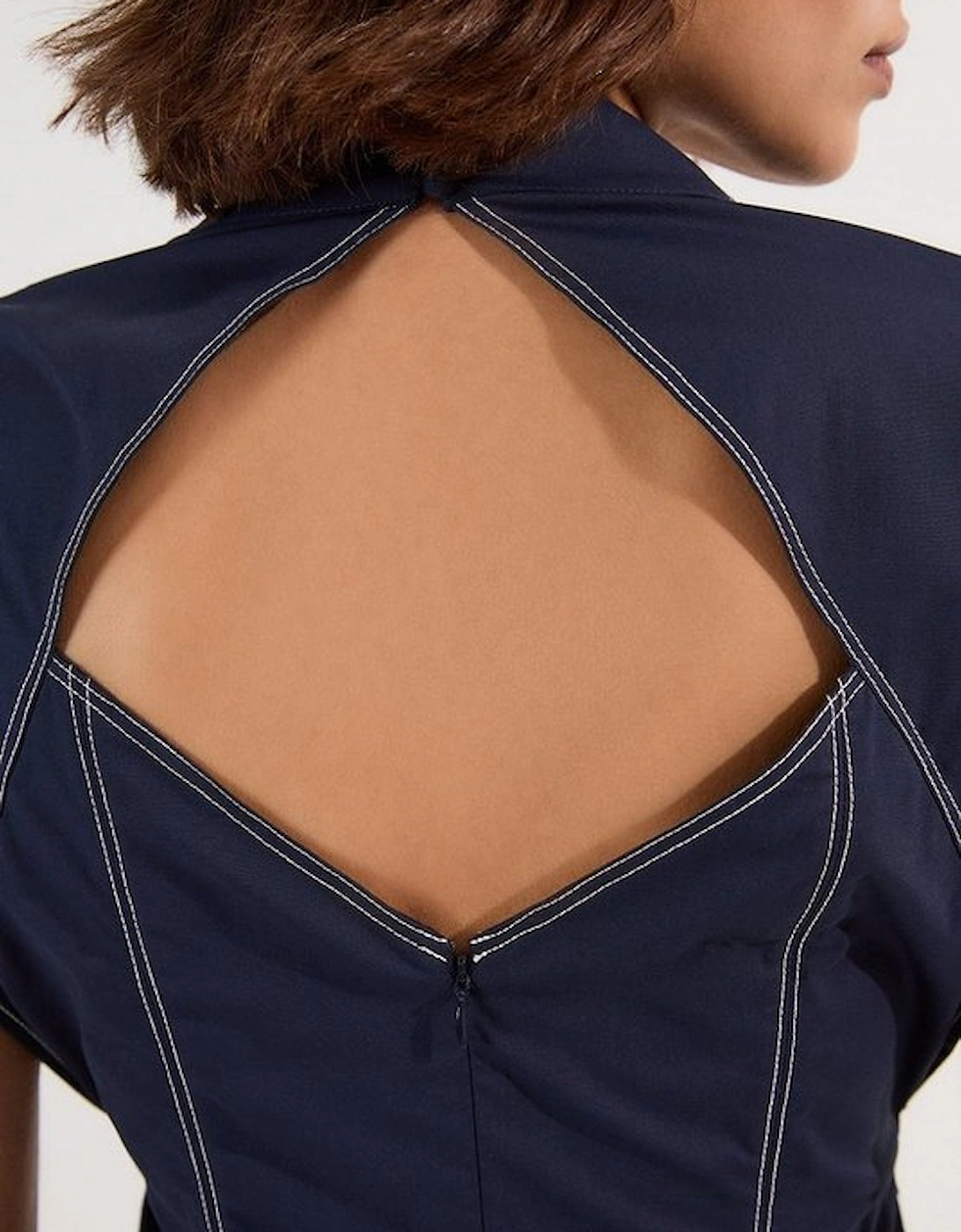 Top Stitch Cotton Poplin Open Back Woven Top