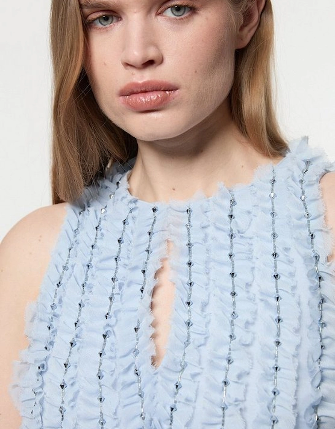 Embellished Ruffle Keyhole Cutout Woven Maxi Dress