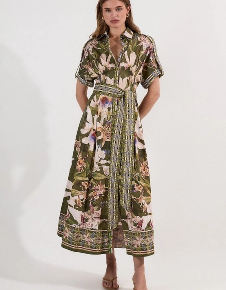 Cotton Sateen Floral Woven Belted Maxi Shirt Dress