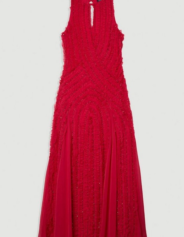 Embellished Ruffle Keyhole Cutout Woven Maxi Dress