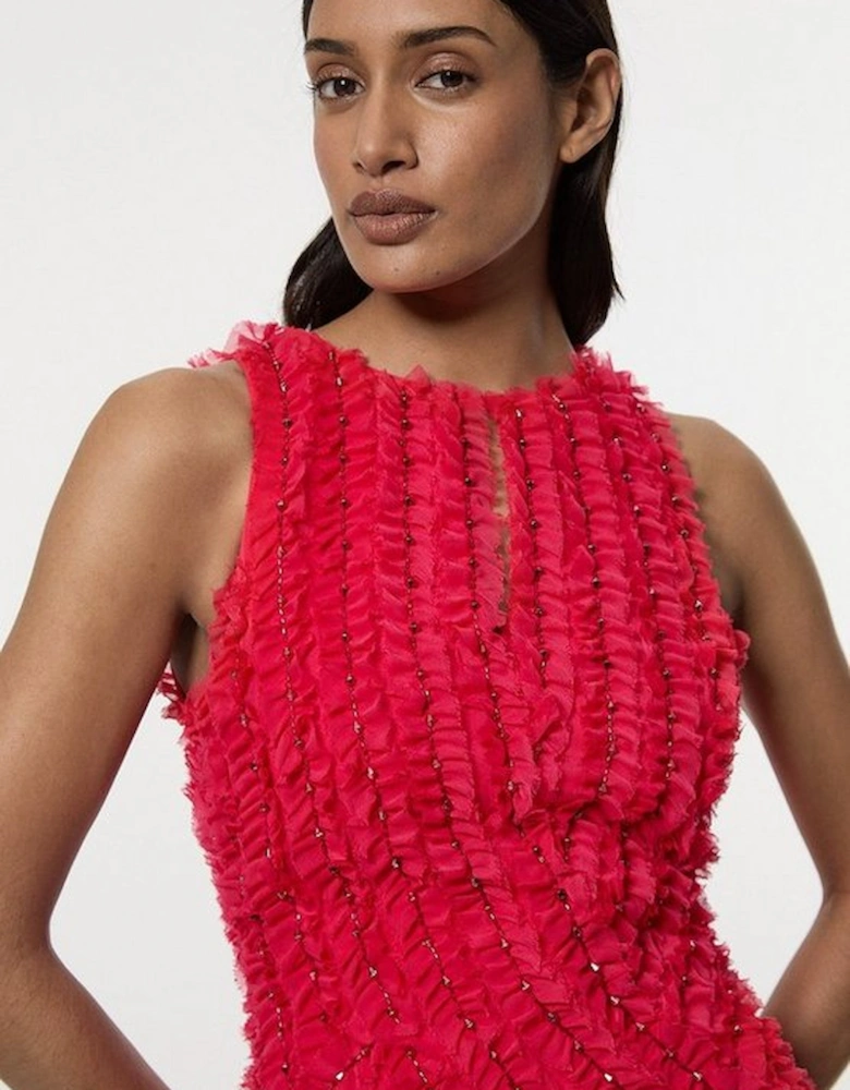 Embellished Ruffle Keyhole Cutout Woven Maxi Dress