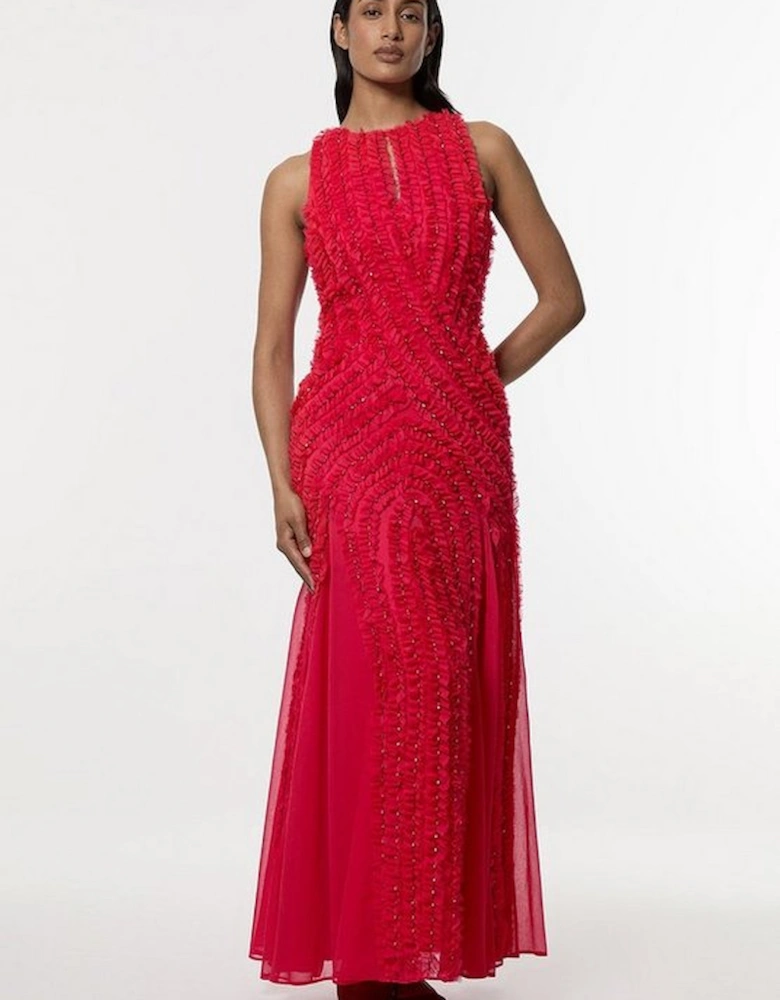 Embellished Ruffle Keyhole Cutout Woven Maxi Dress