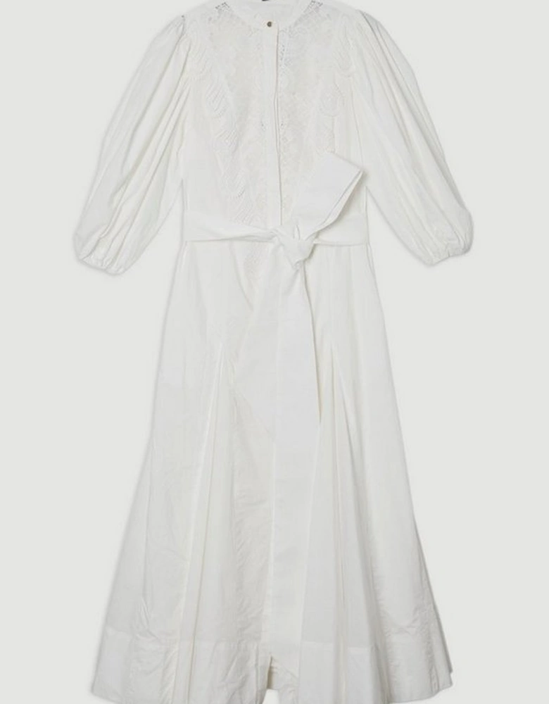 Poplin Cutwork Ruffle Trim Balloon Sleeve Woven Shirt Dress
