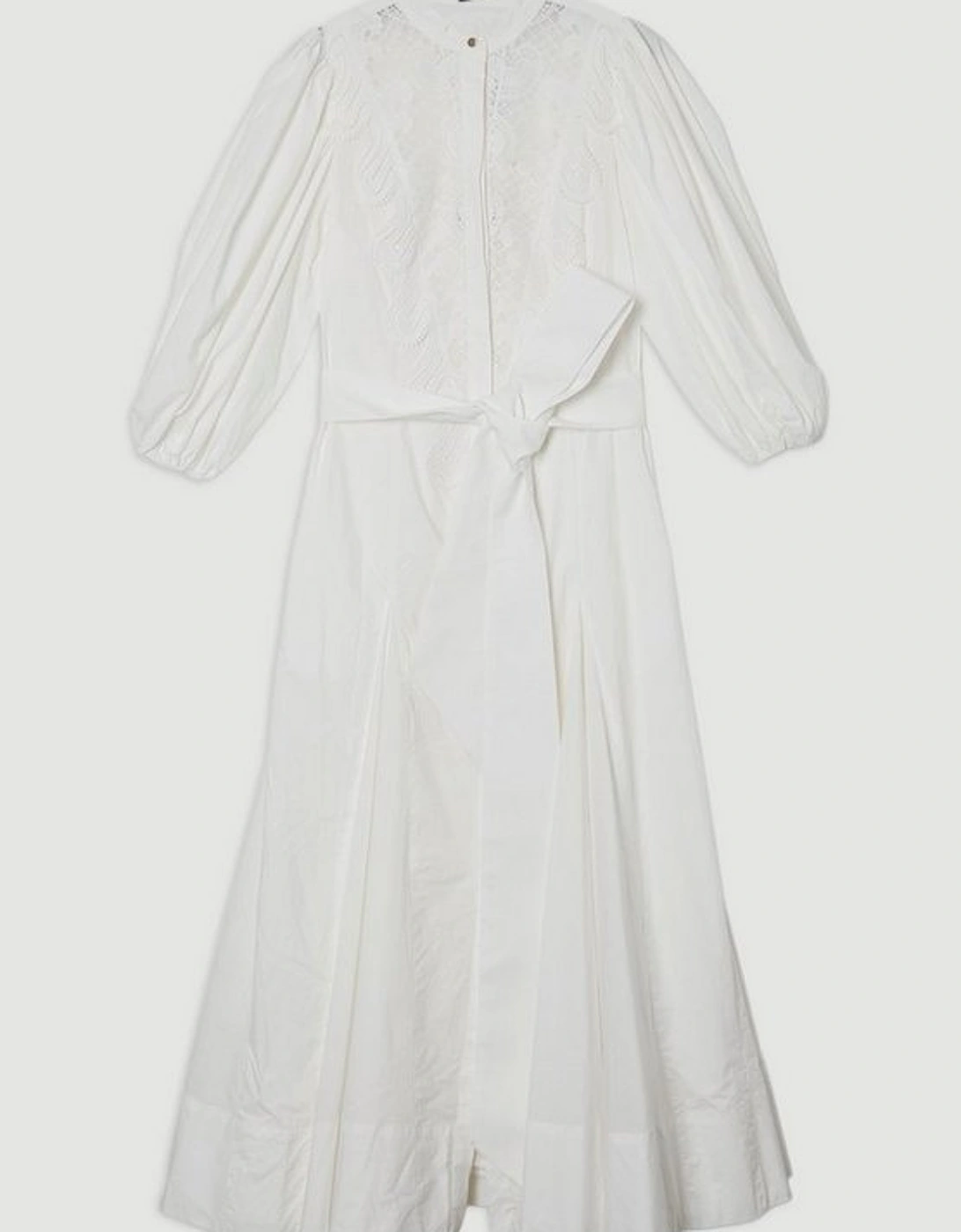 Poplin Cutwork Ruffle Trim Balloon Sleeve Woven Shirt Dress