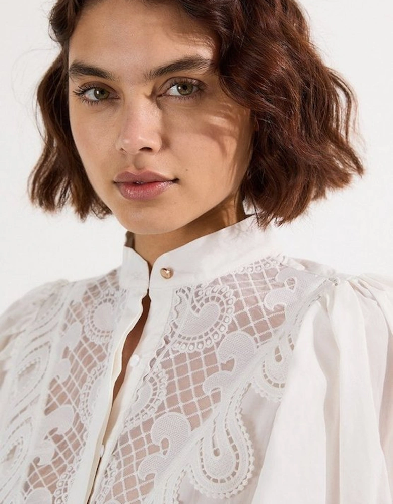 Poplin Cutwork Ruffle Trim Balloon Sleeve Woven Shirt Dress