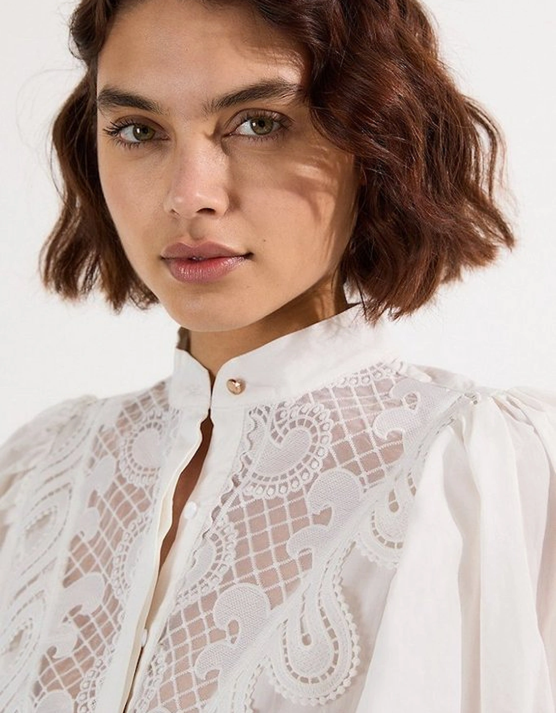 Poplin Cutwork Ruffle Trim Balloon Sleeve Woven Shirt Dress