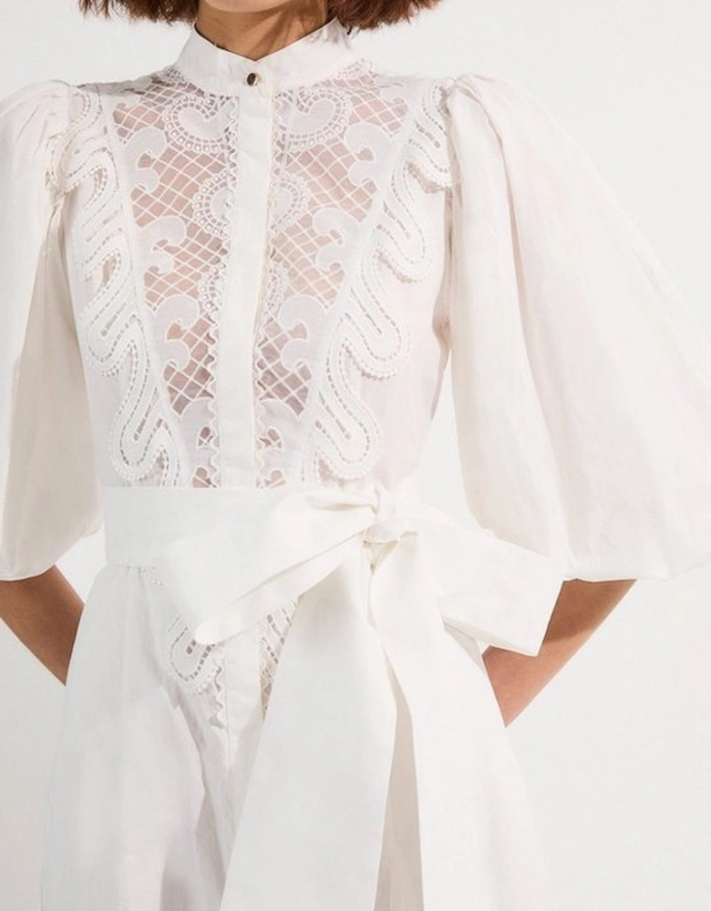 Poplin Cutwork Ruffle Trim Balloon Sleeve Woven Shirt Dress