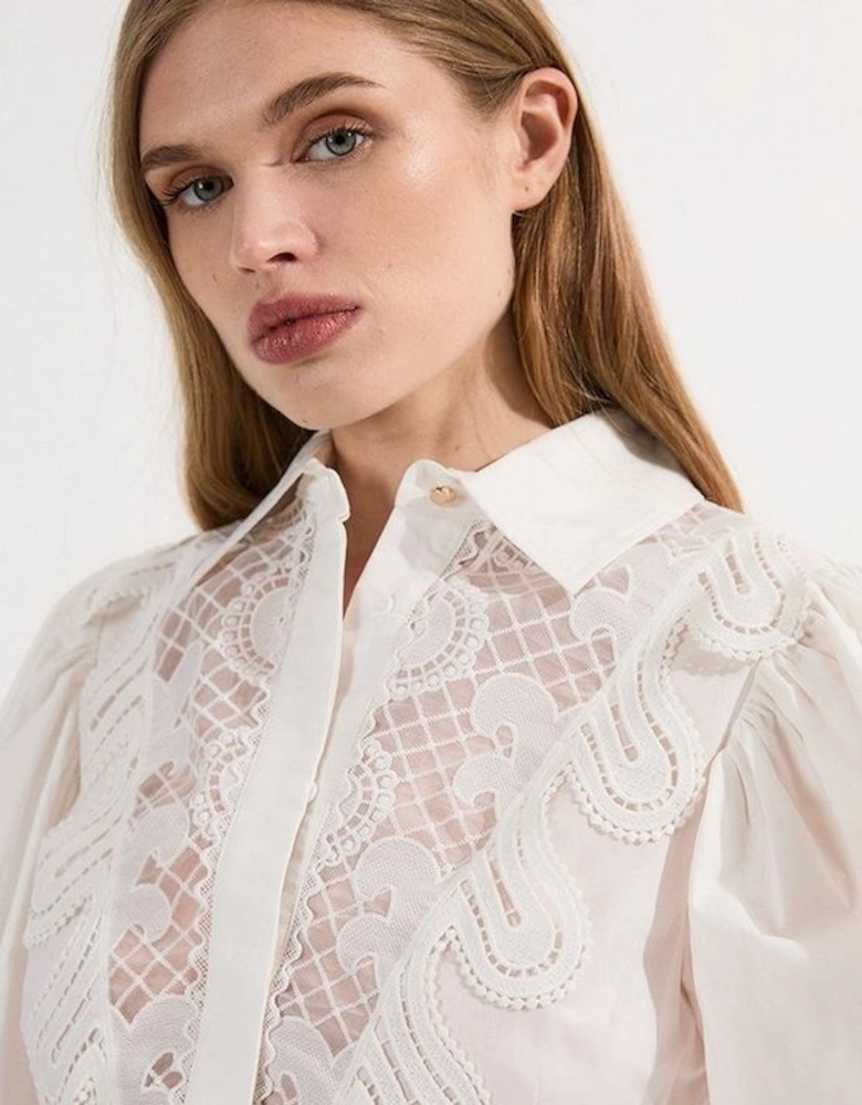 Poplin Cutwork Ruffle Trim Balloon Sleeve Woven Shirt