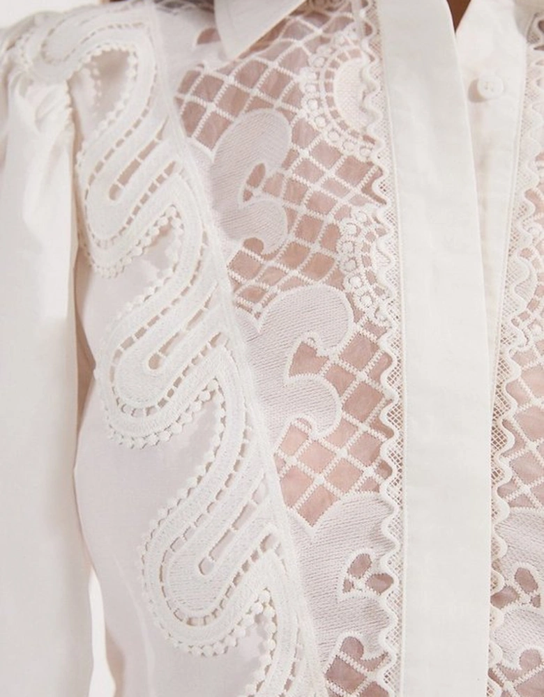Poplin Cutwork Ruffle Trim Balloon Sleeve Woven Shirt