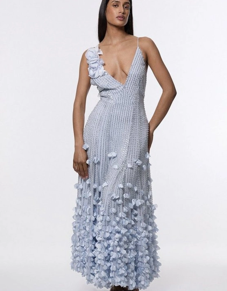 Crystal Applique Strappy Rosette Woven Maxi Dress
