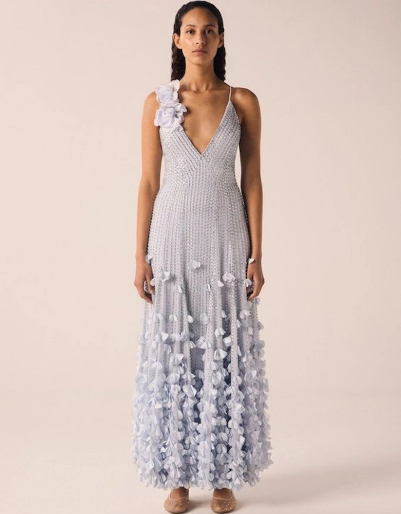 Crystal Applique Strappy Rosette Woven Maxi Dress