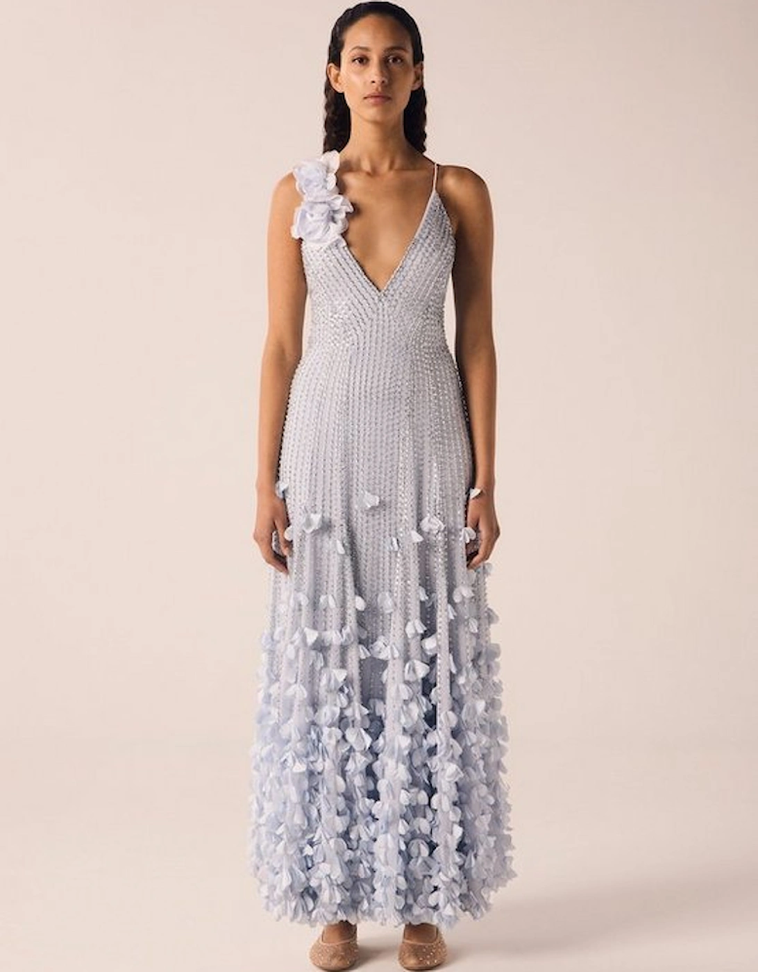 Crystal Applique Strappy Rosette Woven Maxi Dress
