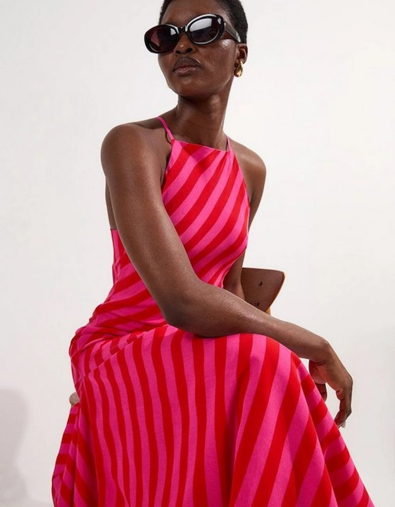Petite Fluid Stripe Cotton Mix Woven Midi Halter Dress