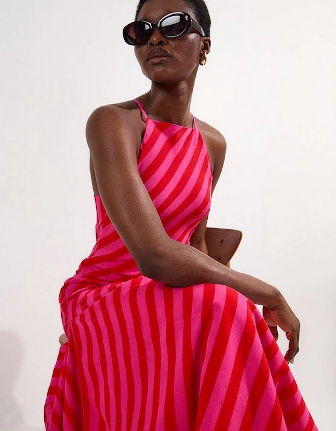 Petite Fluid Stripe Cotton Mix Woven Midi Halter Dress