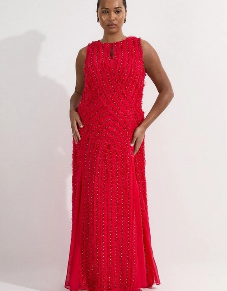 Plus Size Embellished Ruffle Keyhole Cutout Woven Maxi Dress