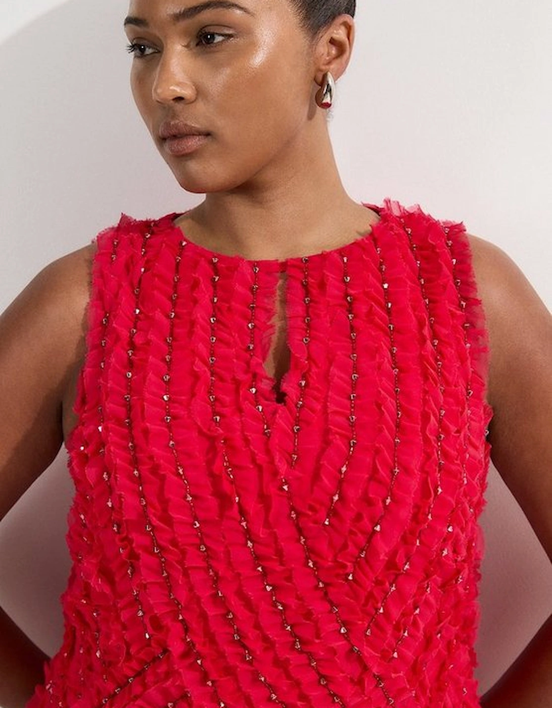 Plus Size Embellished Ruffle Keyhole Cutout Woven Maxi Dress