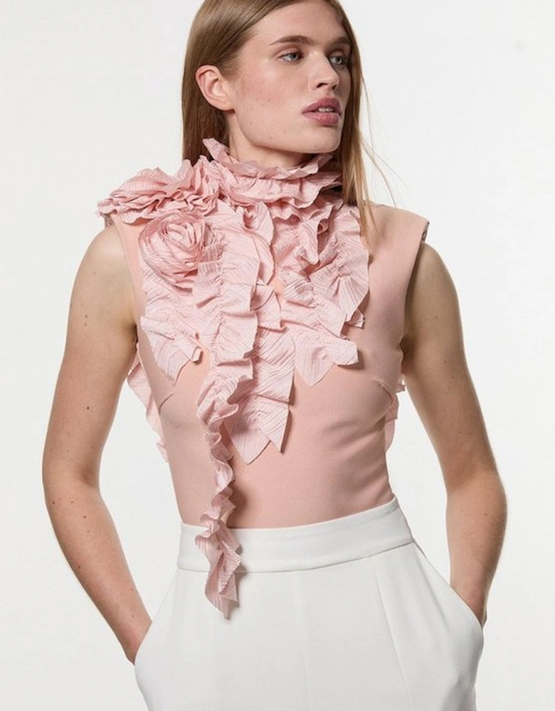 Figure Form Bandage Knit Woven Rosette Detail Top